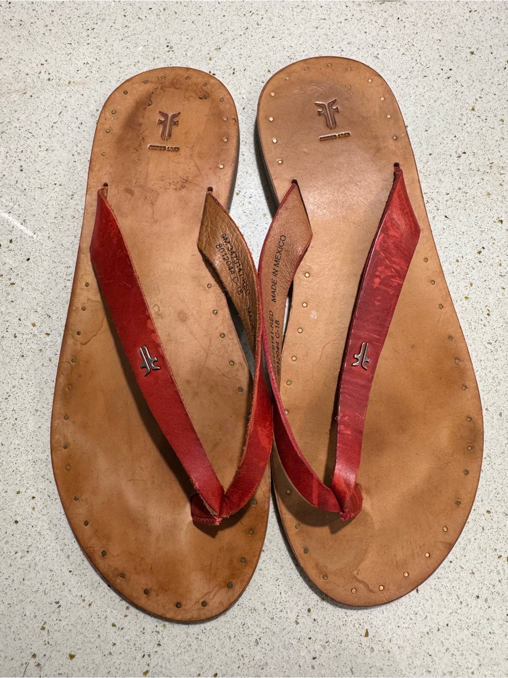 Frye Red Leather Thong Sandals with Stud Detailing